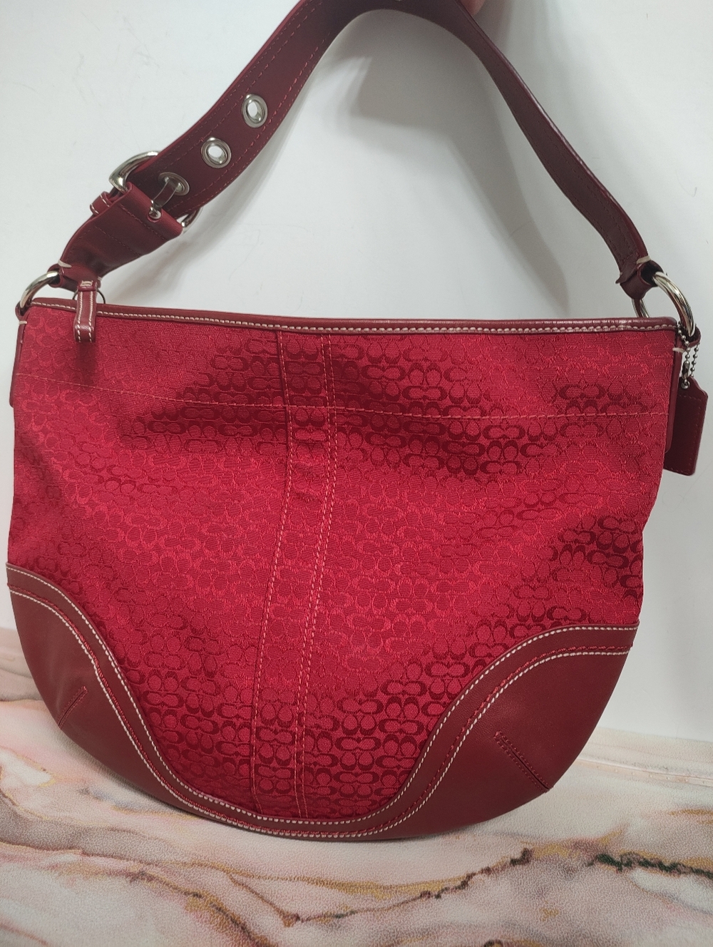 Coach Z15326 Red Signature Canvas and Leather Shoulder Hobo Bag Y2K